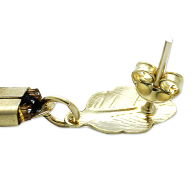 Golden grass dangle earrings, 'Black Majesty' - Hand Crafted Black Polyester and Golden Grass Earrings