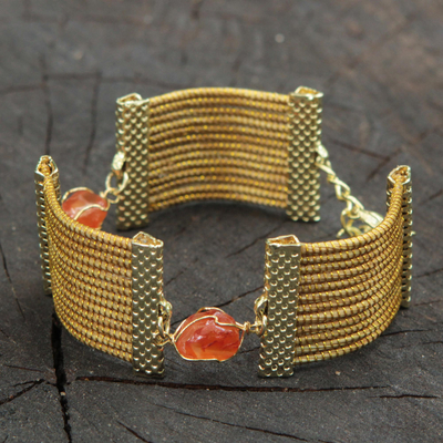 Golden grass and agate wristband bracelet, 'Eco Guard' - Golden Grass and Brown Agate Handcrafted Wristband Bracelet