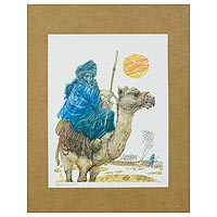 'Tuareg Man and His Camel' - Signed Gravure Print of Man and Camel from Brazil