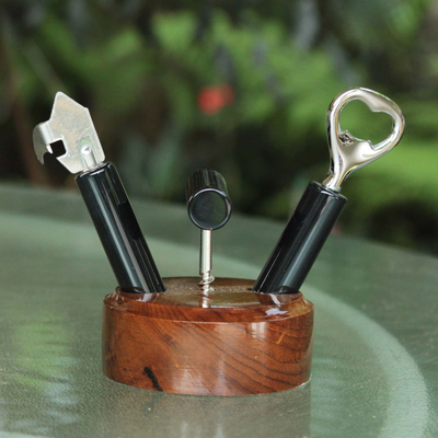 Cedar and agate bottle opener set, 'Nature's Bar in Black' (3 pieces) - Brazilian Cedar and Black Agate 3-Piece Bottle Opener Set