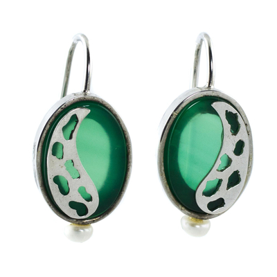 Agate and cultured pearl drop earrings, 'Glowing Forest' - Brazil Green Agate and Pearl Sterling Silver Drop Earrings
