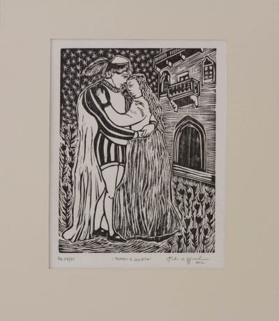 Romeo und Julia - Surrealistischer brasilianischer Xilogravurtiefdruck von Romeo und Julia