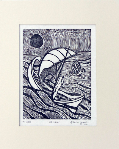 Surreal Brazilian Woodcut Print in Black and White