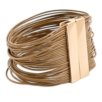 Gold accented leather strand bracelet, 'Golden Rio Glam' - Brazilian Gold Plated Steel and Leather Strand Bracelet