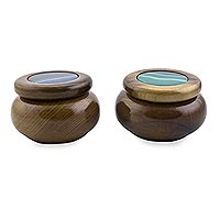 Agate and wood decorative boxes, 'Serene Waters' (pair) - Artisan Crafted Agate and Cedar Wood Decorative Boxes (Pair)