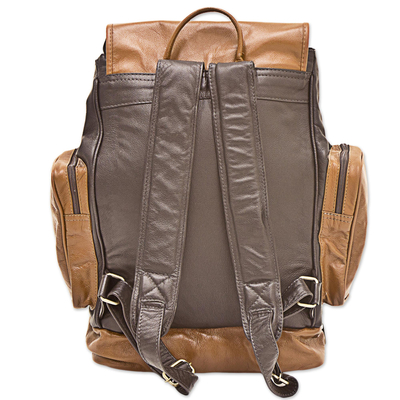 Leather backpack, 'Long Journey' - Artisan Crafted Dual Toned Brown Leather Backpack