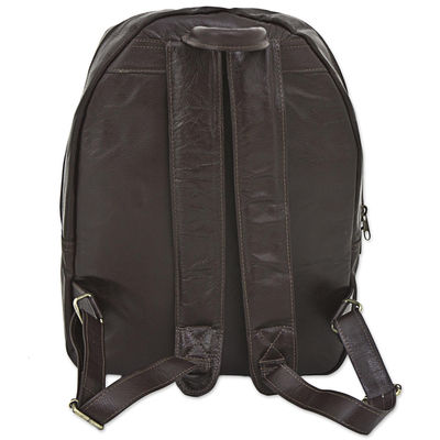 Leather backpack, 'Long Travels' - Artisan Crafted Dark Brown Leather Backpack from Brazil