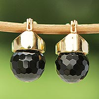 Gold plated onyx drop earrings, 'Black Acorn'