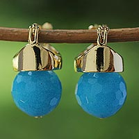 Gold plated agate drop earrings, 'Blue Acorn'