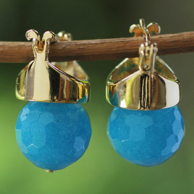Pendientes colgantes de ágata bañados en oro - Aretes colgantes chapados en oro de 18 k con ágata azul de Brasil