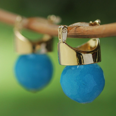 Gold plated agate drop earrings, 'Blue Acorn' - 18k Gold Plated Drop Earrings with Blue Agate from Brazil