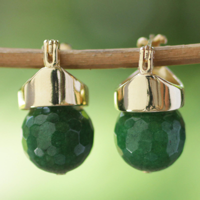 Gold plated agate drop earrings, Green Acorn