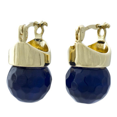 Pendientes colgantes de cuarzo bañados en oro - Aretes Colgantes de Cuarzo Azul Oscuro y Baño de Oro 18k
