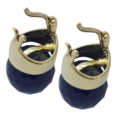 Gold plated quartz drop earrings, 'Dark Blue Acorn' - Dark Blue Quartz and 18k Gold Plated Drop Earrings