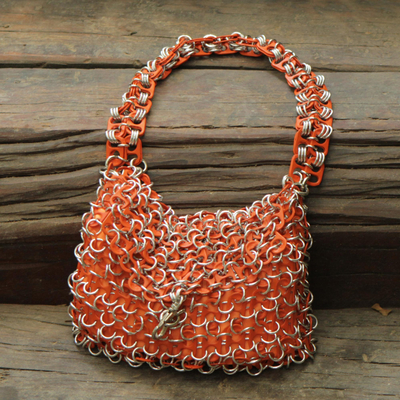 Soda pop-top bag, 'Mini-Shimmery Orange' - Hand Crafted Evening Bag with Shimmery Orange Soda Pop Tops