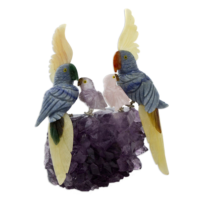 Gemstone sculpture, 'Brazilian Cockatoo Family' - Original Brazilian Gemstone Bird Sculpture of Cockatoos