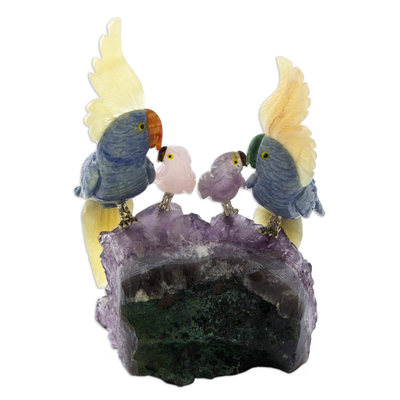 Gemstone sculpture, 'Brazilian Cockatoo Family' - Original Brazilian Gemstone Bird Sculpture of Cockatoos