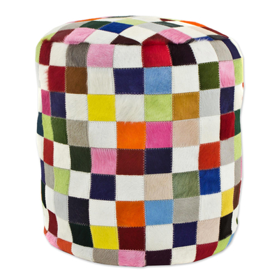 Cowhide ottoman cover, 'Carnaval Chess' - Colorful Brazilian Cowhide Patchwork Ottoman Cover