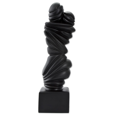 Sculpture, 'Kiss' - Abstract Signed Black Resin Love Theme Sculpture