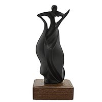 Sculpture, 'Triumph in Black' - Abstract Woman Celebrates Triumphs in Black Resin Sculpture