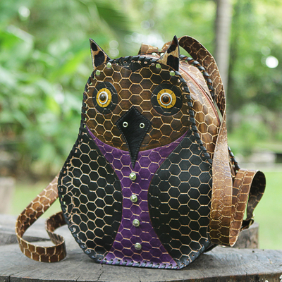 Leather backpack, 'Owl' - Hand Made Leather Backpack of an Owl from Brazil