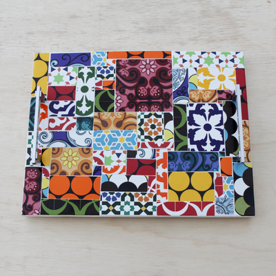 Ceramic tile tray, 'World of Colors' - Hand Painted Colorful Tile Tray from Brazil