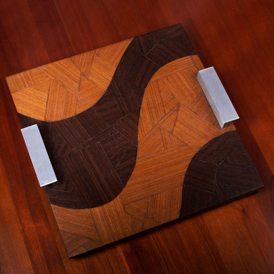 Bandeja de madera de caoba y pau ferro - Bandeja de madera de caoba con asas de aluminio de Brasil.