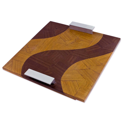 Mahogany and pau ferro wood tray, 'Copacabana Roads' - Mahogany Wood Tray Aluminum Handles from Brazil