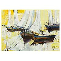 'Sailboats II' - Signed Brazil Painting of White Sailboats and Yellow Skies