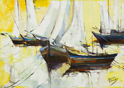 Signed Brazil Painting of White Sailboats and Yellow Skies