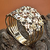 Tri-color gold cocktail ring, 'Starlit Horizon' - White Rose and Yellow 10k Gold Star Ring