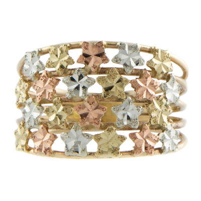 Tri-color gold cocktail ring, 'Starlit Horizon' - White Rose and Yellow 10k Gold Star Ring