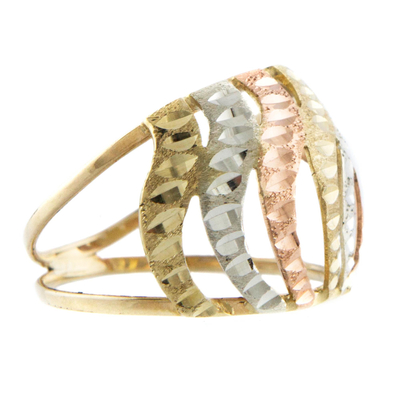 Tri-color gold cocktail ring, 'Copacabana Waves' - Rose White and Yellow 10k Gold Waves on Brazilian Band Ring