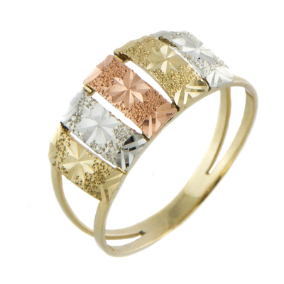 Dreifarbiger goldener Cocktailring - Ring aus 10-karätigem Gold mit Blumenmotiv, weißer Rose und Gelb