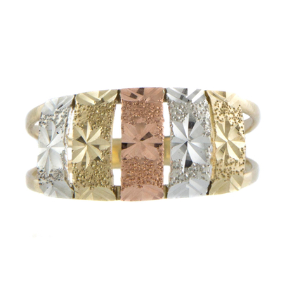 Tri-color gold cocktail ring, 'Floral Horizon' - Flower Motif White Rose and Yellow 10k Gold Ring