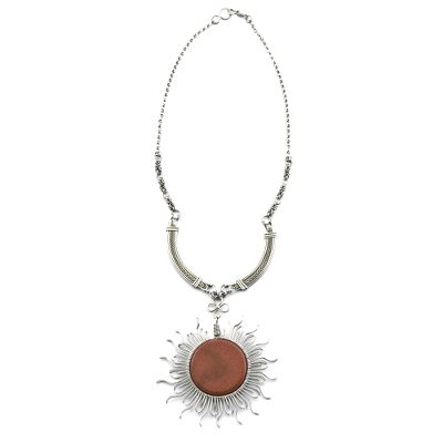 Goldstone statement necklace, 'Rays of the Sun' - Stainless Steel Goldstone Statement Necklace from Brazil