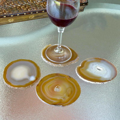 Agate coasters, 'Caramel Crystals' (set of 4) - Natural Color Brown Agate Coasters (Set of 4) from Brazil
