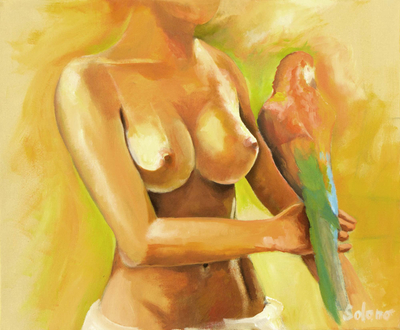 'She III' - Golden Nude with a Scarlet Macaw Painting