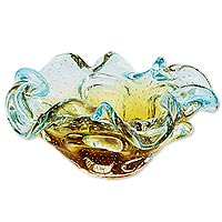 Featured review for Art glass centerpiece, Yellow Blue Waves