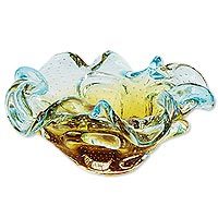 Art glass centerpiece, 'Yellow Blue Waves'