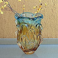 Art glass vase, 'Blue Petal Splash' - Hand Made Yellow and Blue Glass Vase from Brazil