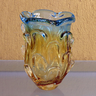 Art glass vase, 'Blue Petal Splash' - Hand Made Yellow and Blue Glass Vase from Brazil