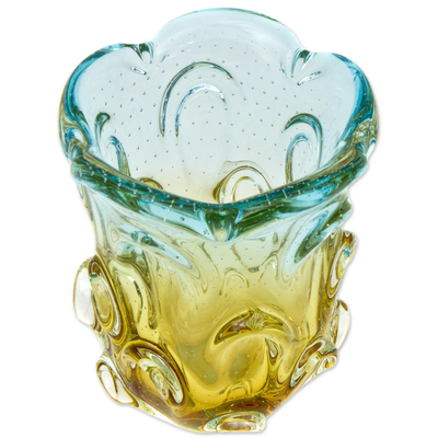 Jarrón de cristal de arte - Jarrón de vidrio amarillo y azul hecho a mano de Brasil