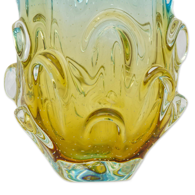 Jarrón de vidrio amarillo y azul hecho a mano de Brasil - Salpicaduras de  pétalos azules