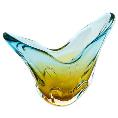 Kunstglasvase, 'V-Welle'. - Gelb-blaue mundgeblasene Kunstglasvase aus Brasilien
