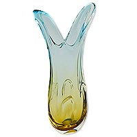 Kunstglasvase „Yellow Blue Drop“ – dekorative Vase aus gelbem und blauem Glas aus Brasilien