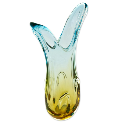 Kunstglasvase „Yellow Blue Drop“ - Dekorative Vase aus gelbem und blauem Glas aus Brasilien