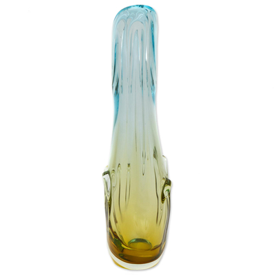 Art glass vase, 'Yellow Blue Drop' - Yellow and Blue Glass Decorative Vase from Brazil