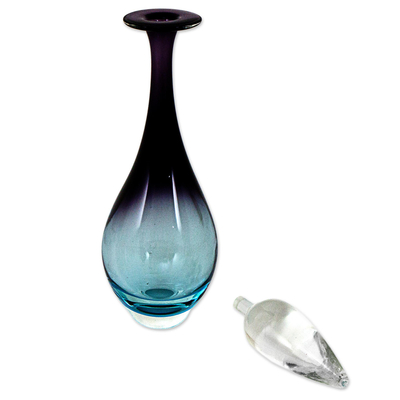 Decorative art glass decanter, 'Blue Lilac Bud' - Hand Blown Decorative Art Glass Decanter from Brazil