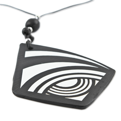 Recycled LP vinyl record pendant necklace, 'Retro Harmony' - Recycled Vinyl Record Long Pendant Necklace from Brazil